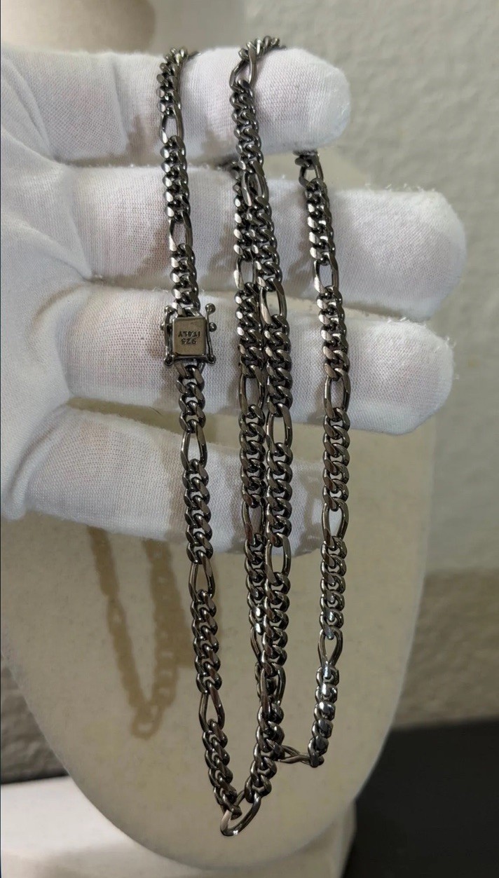 925 STERLING silver MIAMI Figaro chain necklace Box clasp Silver 24” 4.7mm 35gr