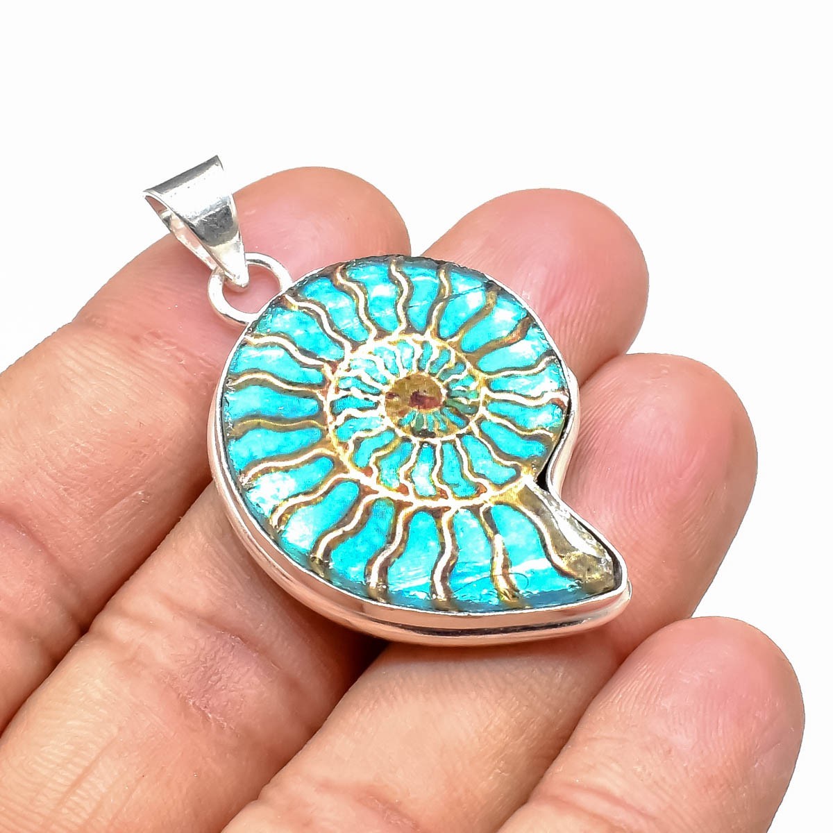 Green Ammonite Fossil Gemstone 925 Sterling Silver Handmade Pendant