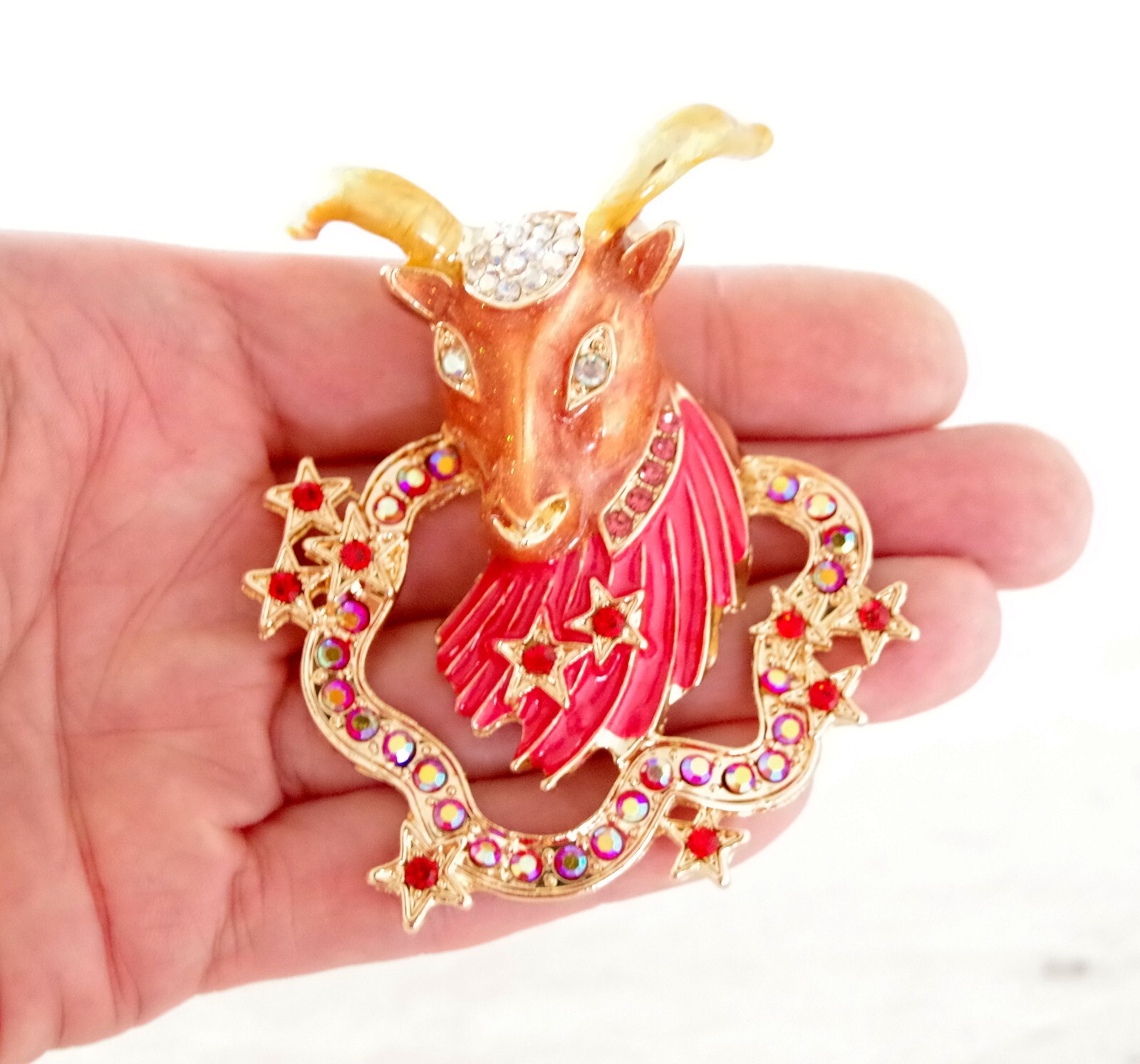 2.75″ DESIGNER STYLE CAPRICORN ZODIAC HOROSCOPE GOAT AB RHINESTONE BROOCH PIN