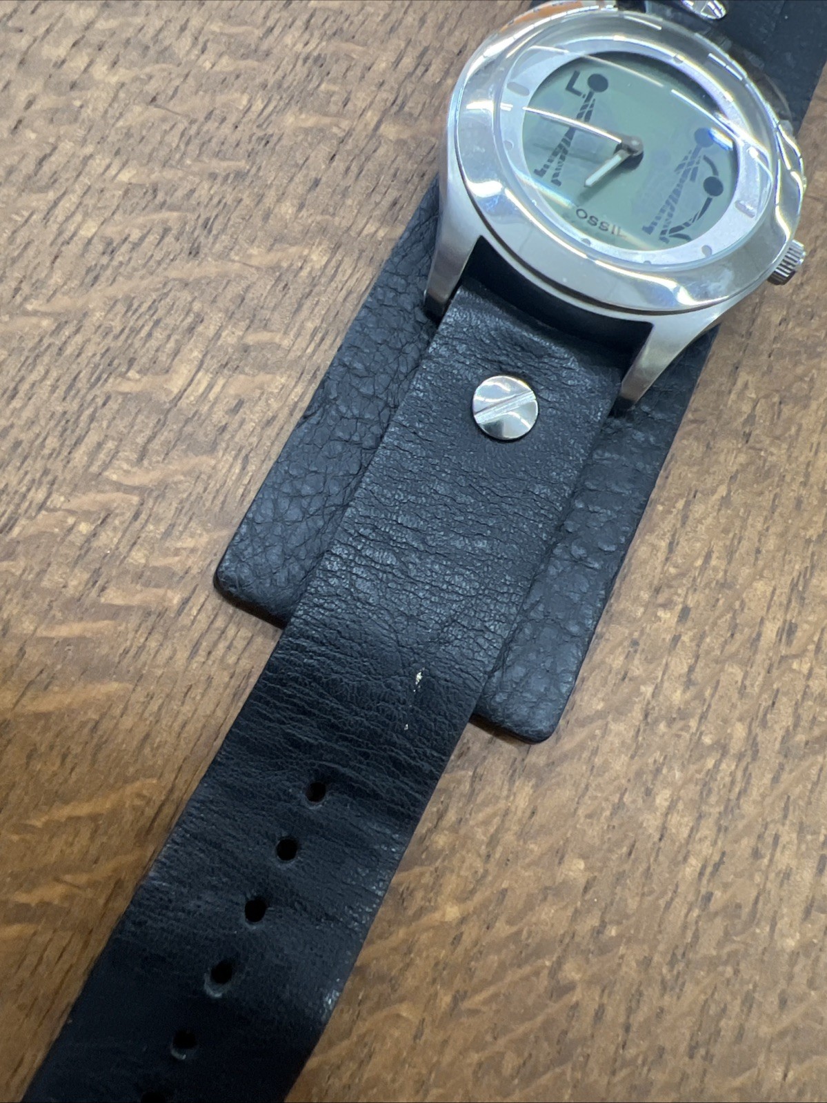 Rare Vintage Fossil Big Tic Watch W/ Animated Figure Dial Robots Black Leather