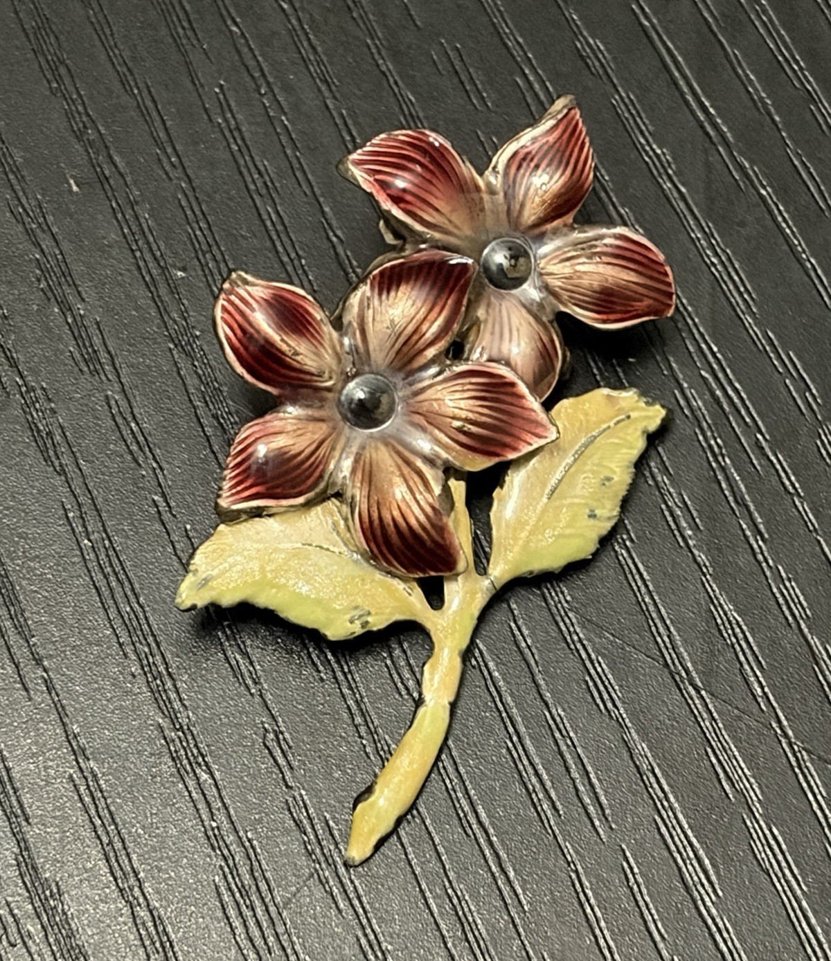 Silver Tone Enamel Flower Brooch Pin Metal Floral Red Green No Stone