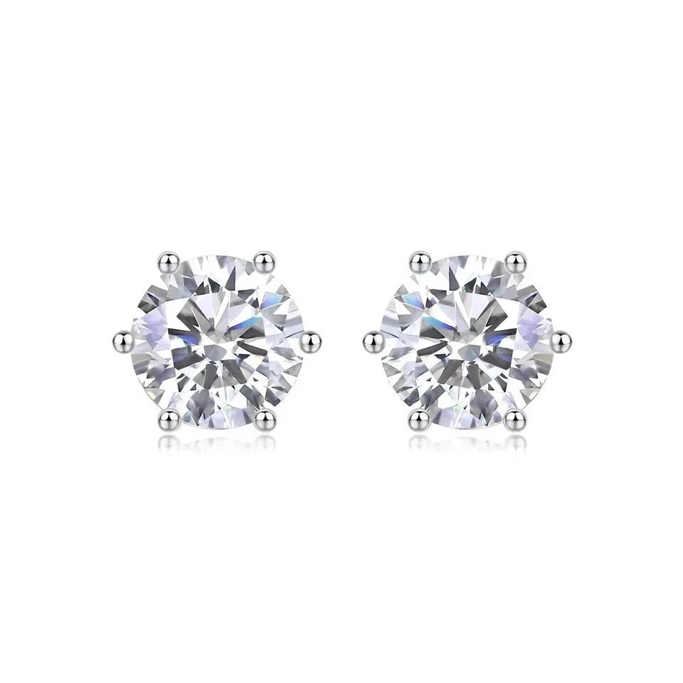 Round Cut Natural Diamond Women’s 6 Prong Set Stud Earrings 14k White Gold