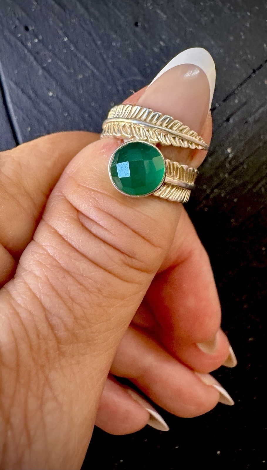 Sterling Silver 925 Green Faceted Stone Leaf Wrap Ring Boho Stunner Size 6.25
