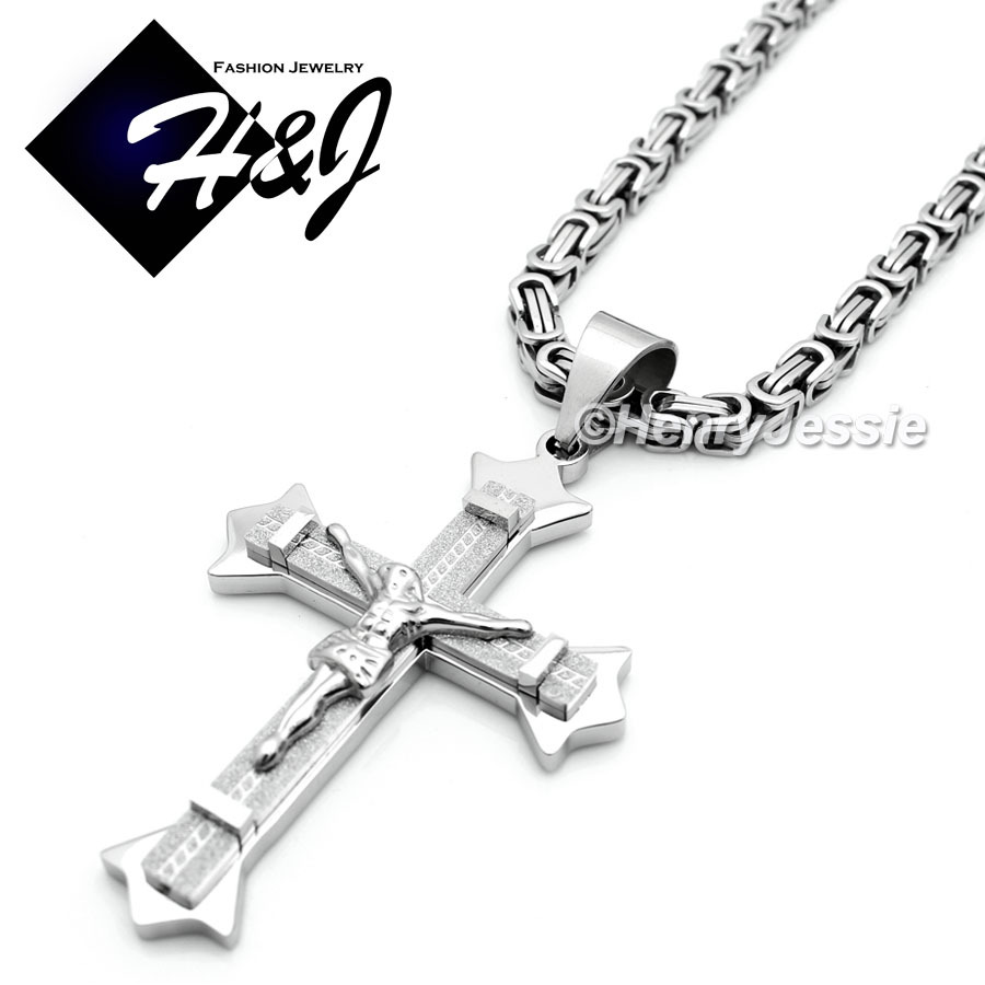 24″MEN Stainless Steel 6mm Silver Byzantine Box Chain Necklace Cross Pendant*J28