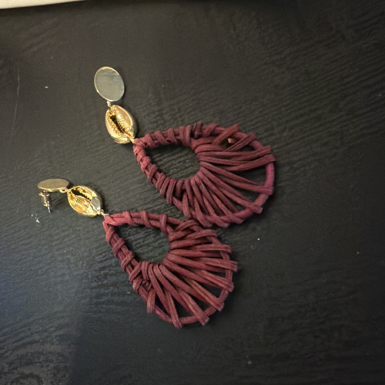 Burgundy Teardrop Dangle Earrings, Gold-Tone Cowrie Shell Stud, Butterfly