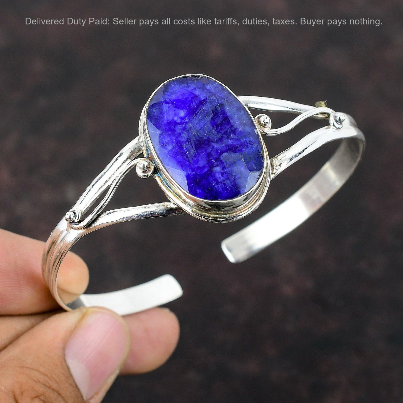 Oval Natural Blue Saphire 925 Sterling Silver Birthday Wife Trendy Bezel Bangle