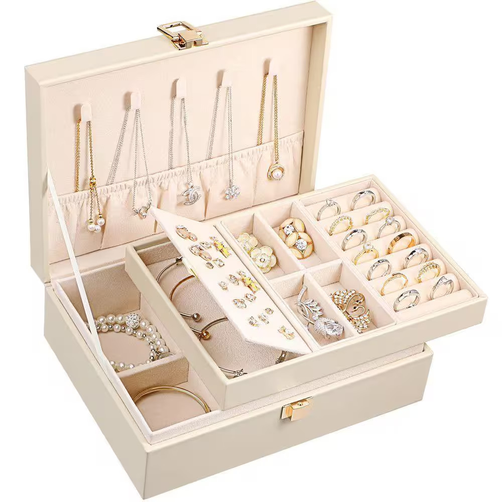 9.1 X 3.37 In. Apricot PU Leather Jewelry Box Organizer for Women, 2-Layer Large