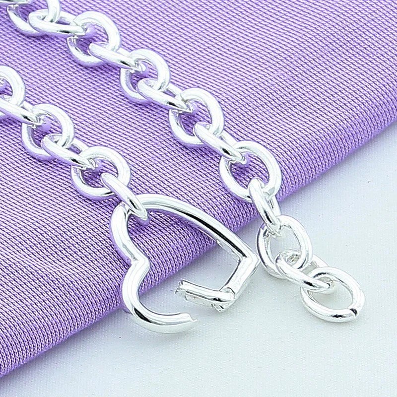 925 Sterling Silver Charm Heart Thick Chain Women Bracelet Fashion Jewelry