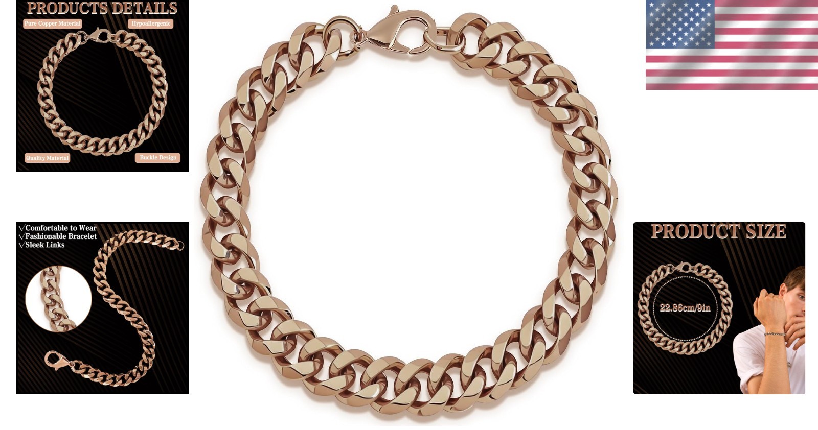 Fashionable Men’s Copper Bracelet – 9in Rose Gold Chain with Buckle Design