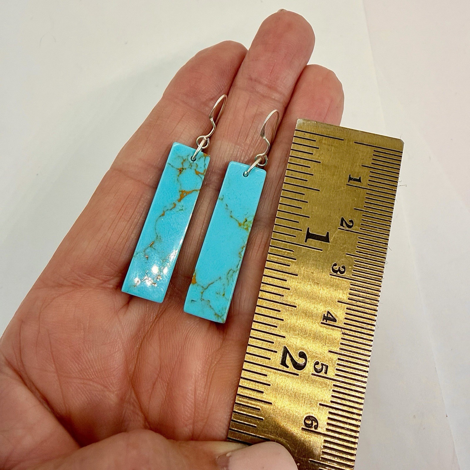 Navajo Turquoise Dangle Slab Earrings Sterling Silver 2.” Native American