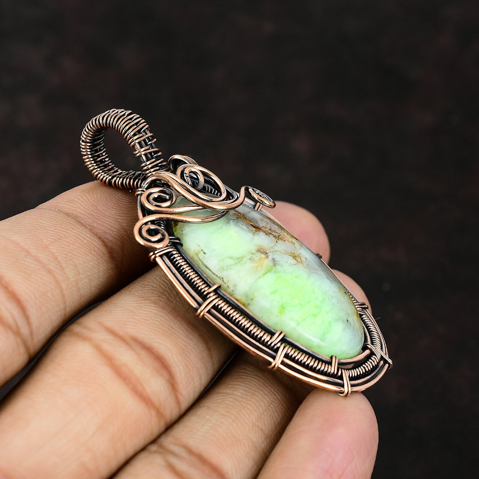 Gift For Her Lemon Chrysoprase Wire Wrapped Pendant Copper Jewelry 2.48″