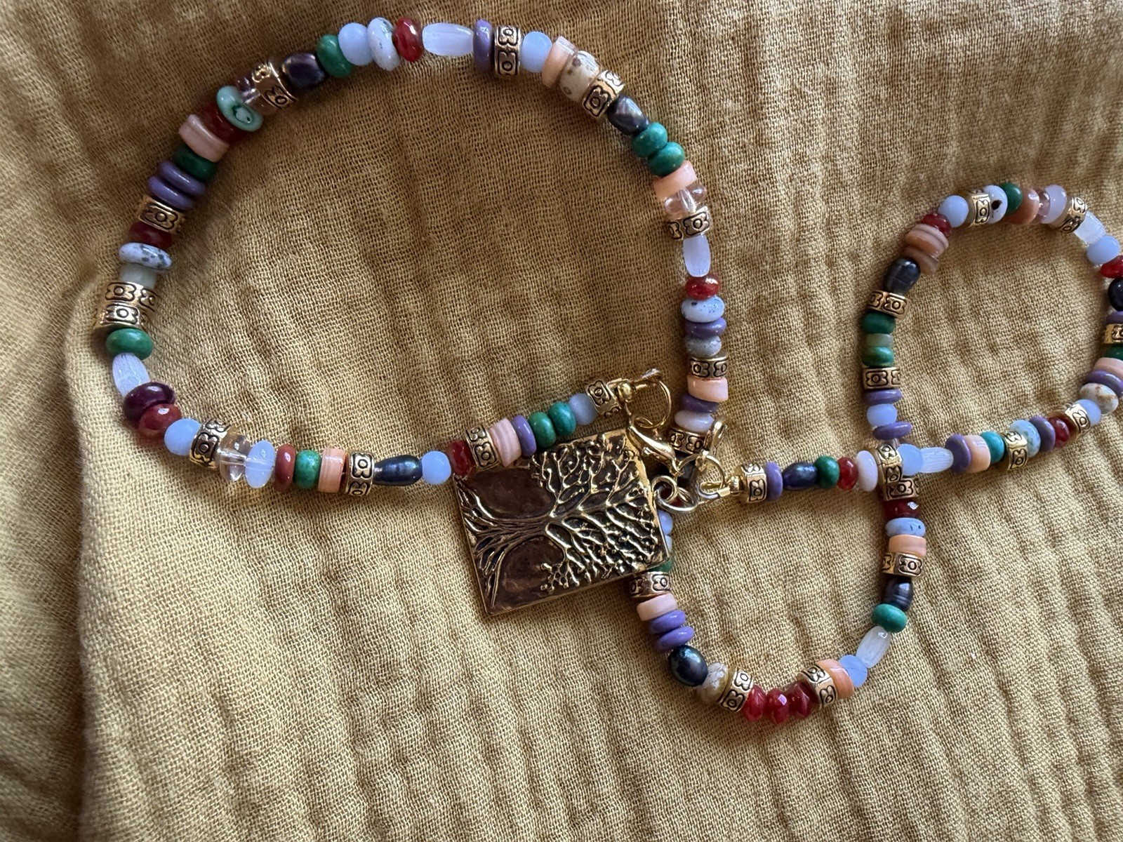 Handmade Multicolor Beaded Necklace Tree of Life Pendant Lobster 20 in