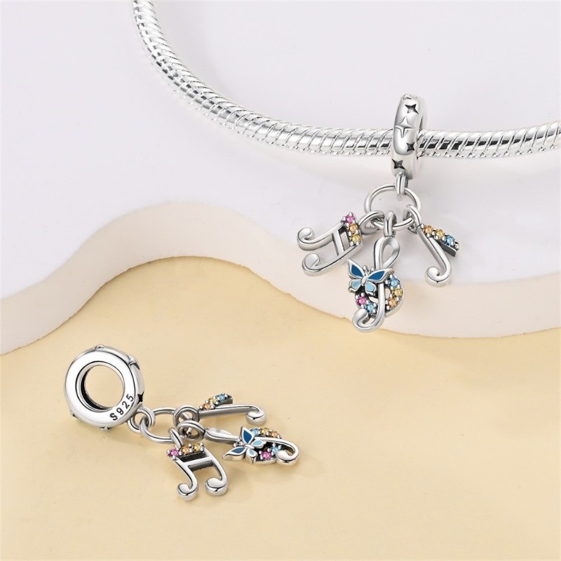 KUNSIR 925 Sterling Silver Charm For Bracelet Colorful Music Notes Pendant Charm