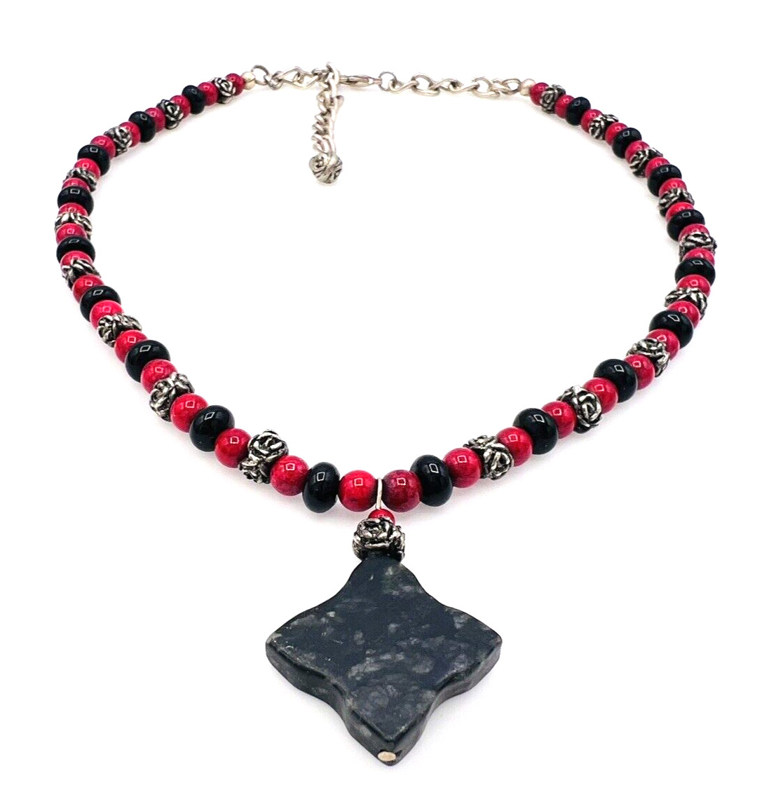 Handmade Artisan Beaded Red Black Stone Pendant Necklace