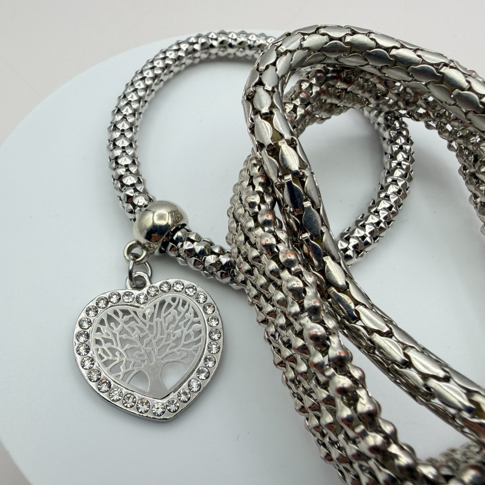 Vintage Y2K Silver Tone Tree of Life Heart Charm Mesh Bracelet Women’s Jewelry