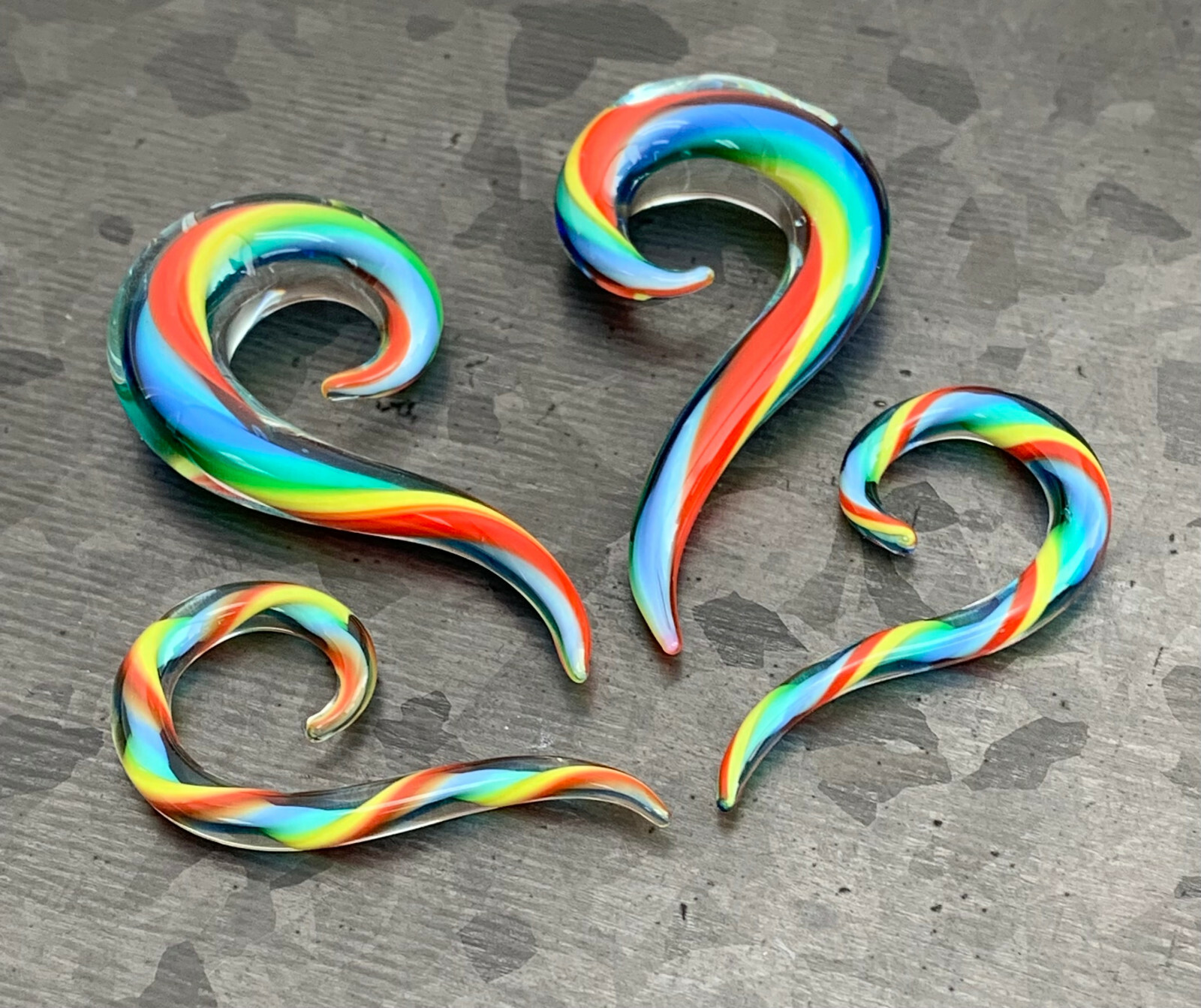 PAIR Rainbow Glass Spiral Hanging Tapers Expanders Plugs Gauges Body Jewelry