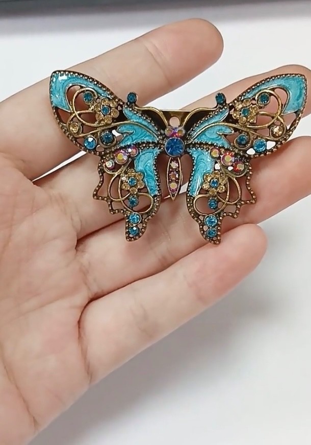 Aqua Blue Butterfly Rhinestone Brooch Box included
