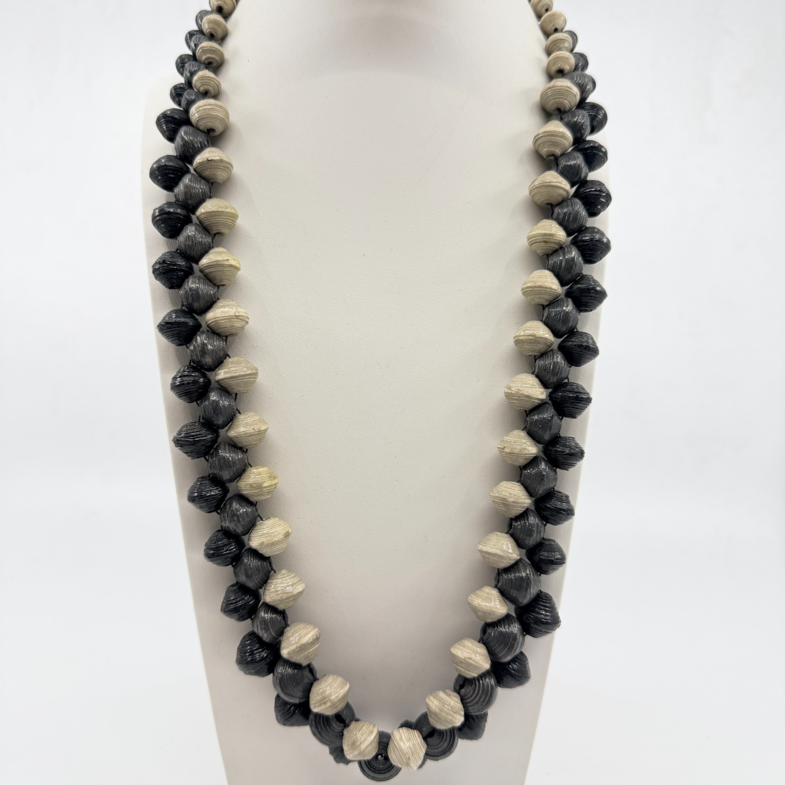 Vintage Boho Black Cream Handcrafted Rolled Paper Bead Strand Statement Necklace