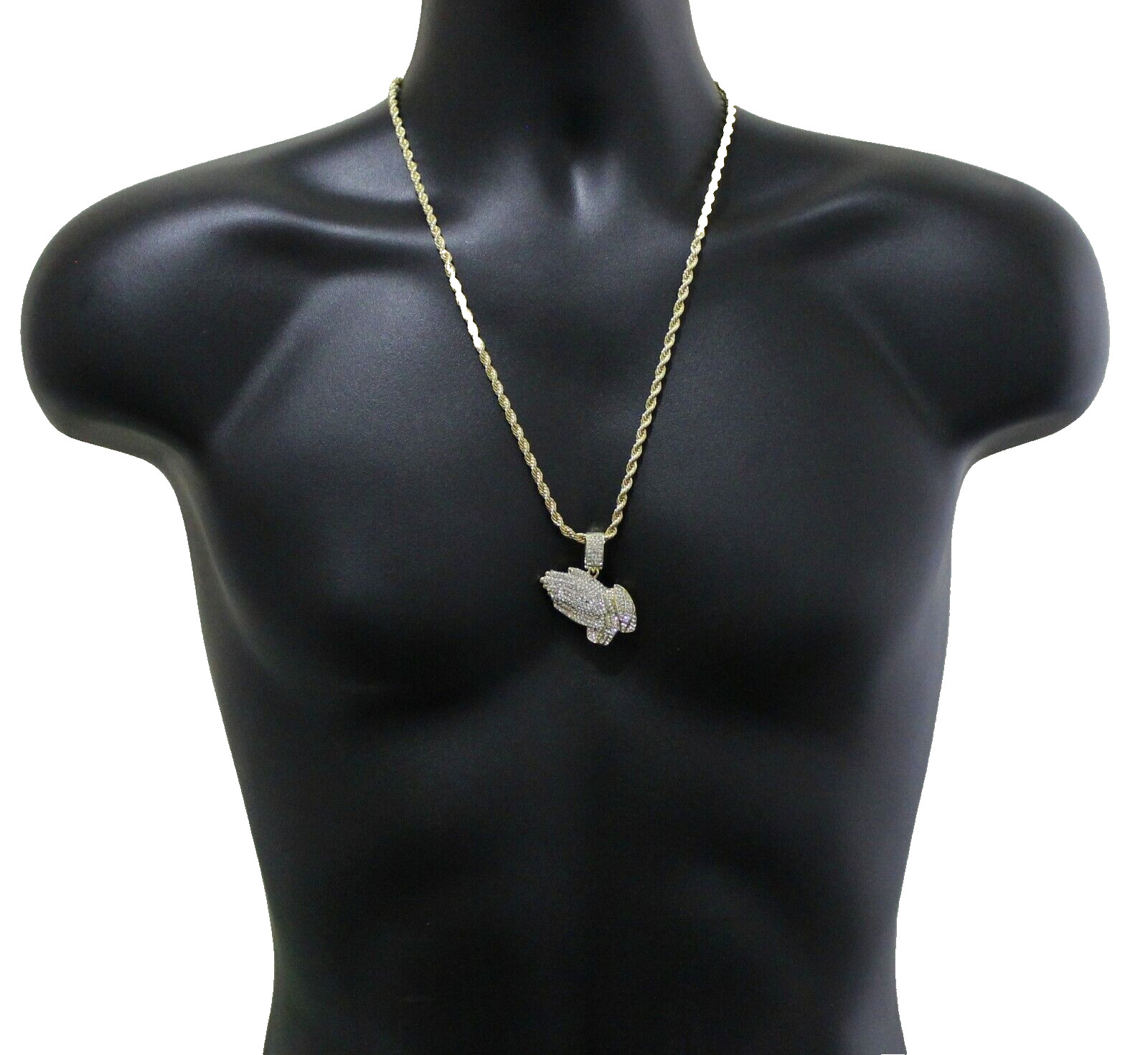 Icy Praying Hands Cz Pendant 14k Gold Plated 24″ Rope Chain Hip Hop Necklace