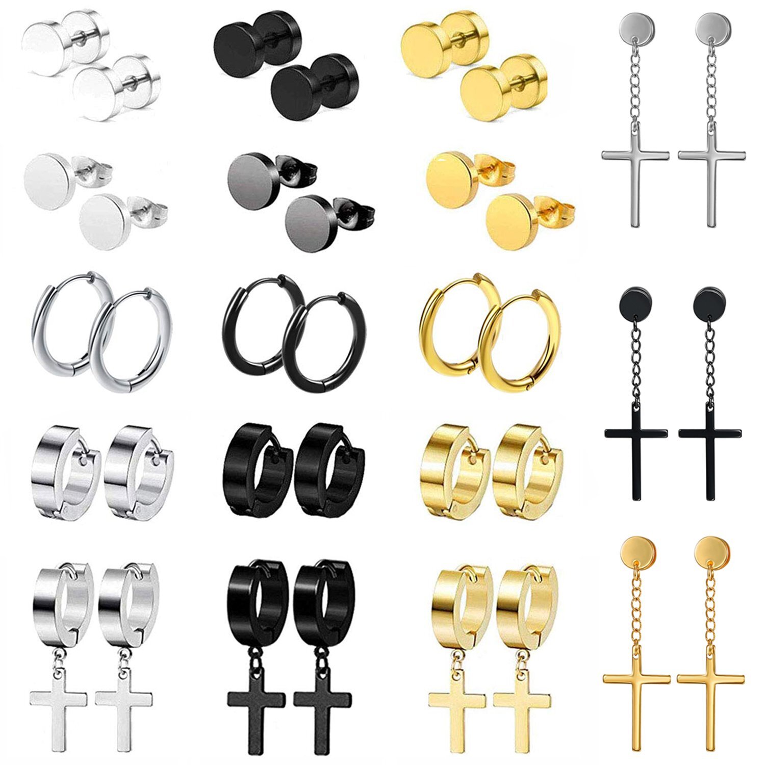 18 Pairs Men Women’s Cross Stainless Steel Hoop Dangle Huggie Stud Earrings Set