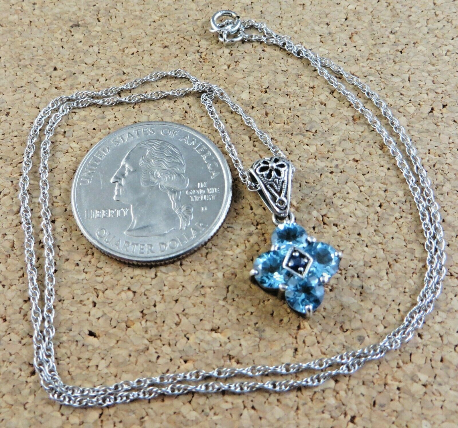 Blue Topaz & Sapphire Filigree Pendant 18″ Sterling Silver Chain Necklace #741