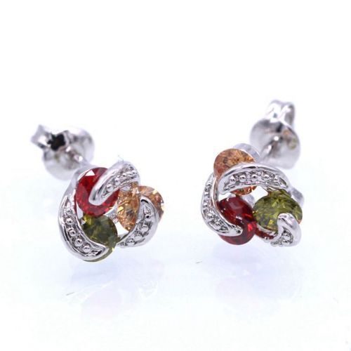 Cute New White Gold Plated Round Multi-Color CZ Pinwheel Set Post Stud Earrings