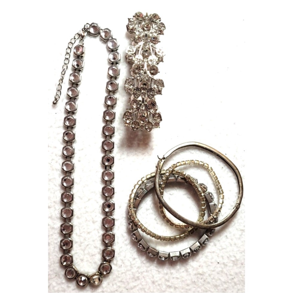 Clear Crystal Rhinestone Tennis Station Necklace Stretch Bracelet Lot Silvertone