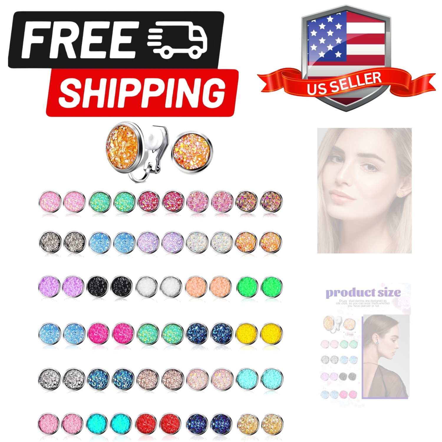 32 Pairs Clip on Earrings for Women Bohemian Round Faux Druzy Stud Earrings S…