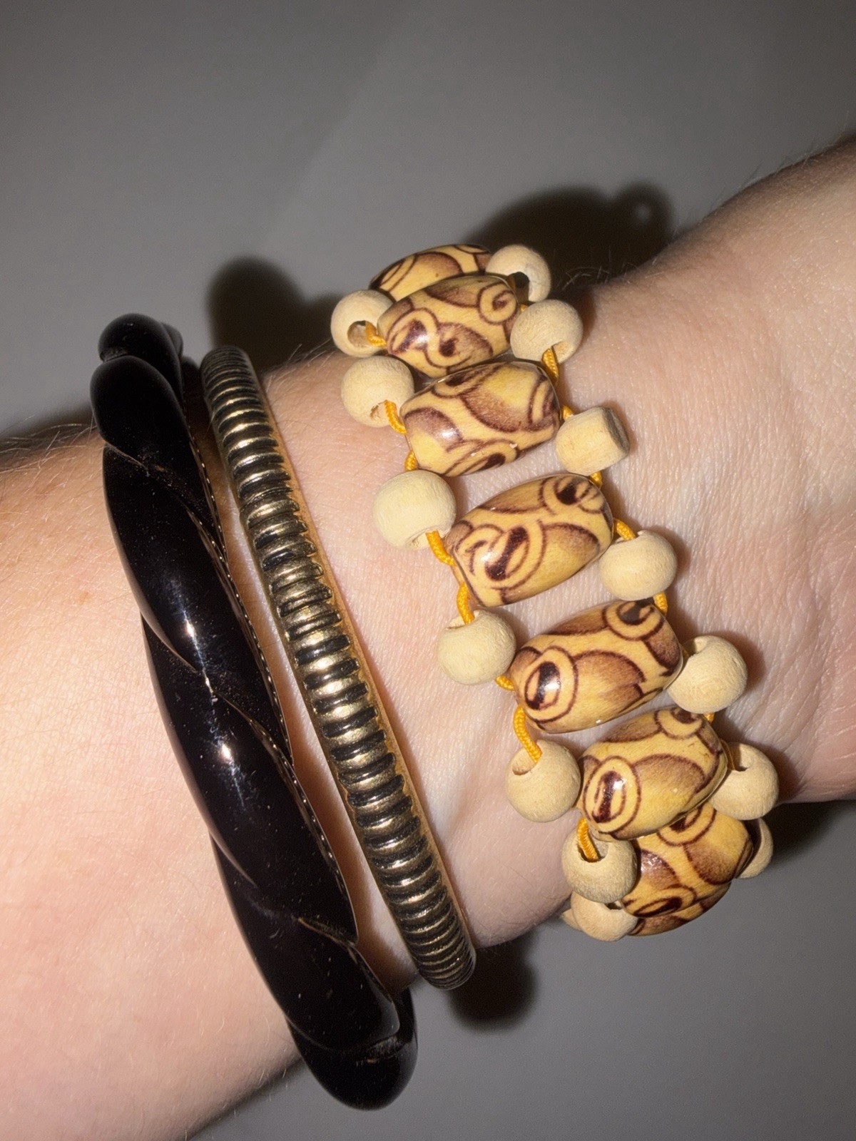 3pc Boho Bracelet Stack Brown Bangle Wood Beads Brass Tone Earthy Vintage Style