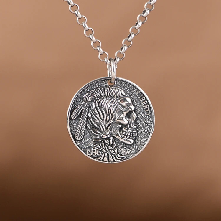S925 Sterling Silver Indian Skull Headdress with Gold Fish Ball Charm Pendant