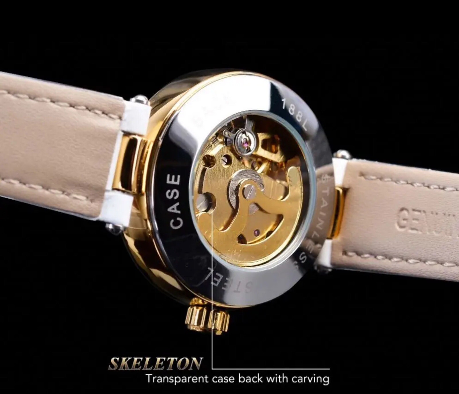 Forsining Womens Automatic Transparent Skeleton White Leather Band Ladies Watch