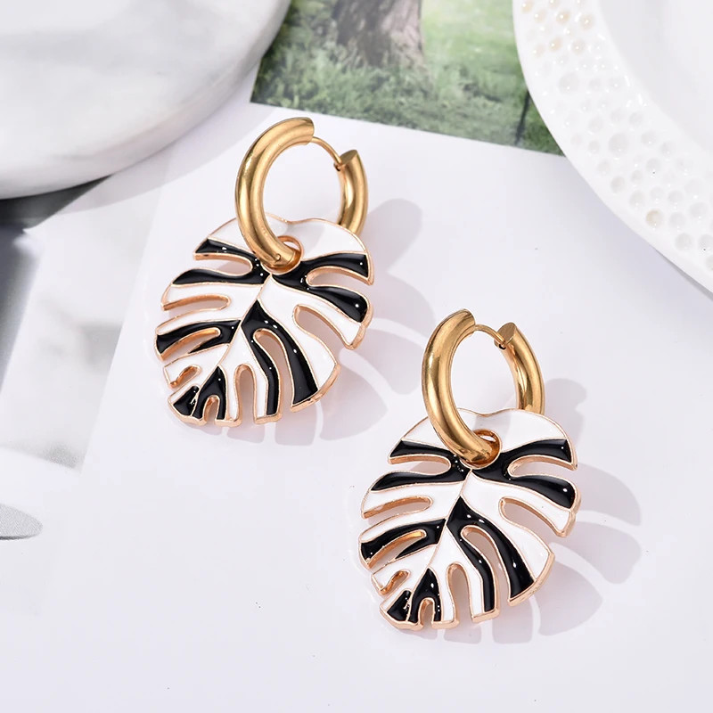 Colorful Big Leaf Pendant Gold Color Stainless Steel Earrings For Women