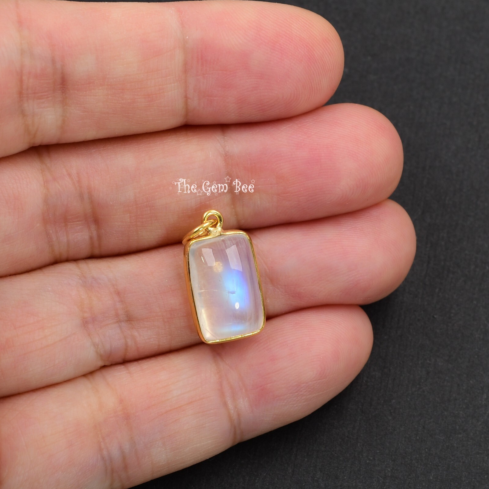 7.7CT 18k Solid Gold Blue Flash Rainbow Moonstone Pear Bezel Pendant Charm