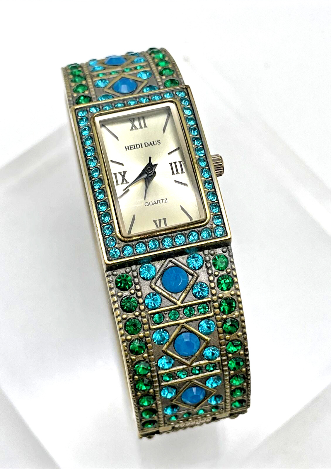 HEIDI DAUS “Double Trouble” Crystal Hinged Bangle Watch – Green/Small