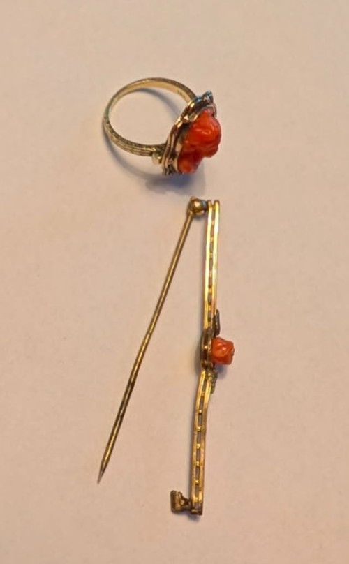 Antique Salmon-colored Coral Cameo 14K Ring and Victorian Stick Pin