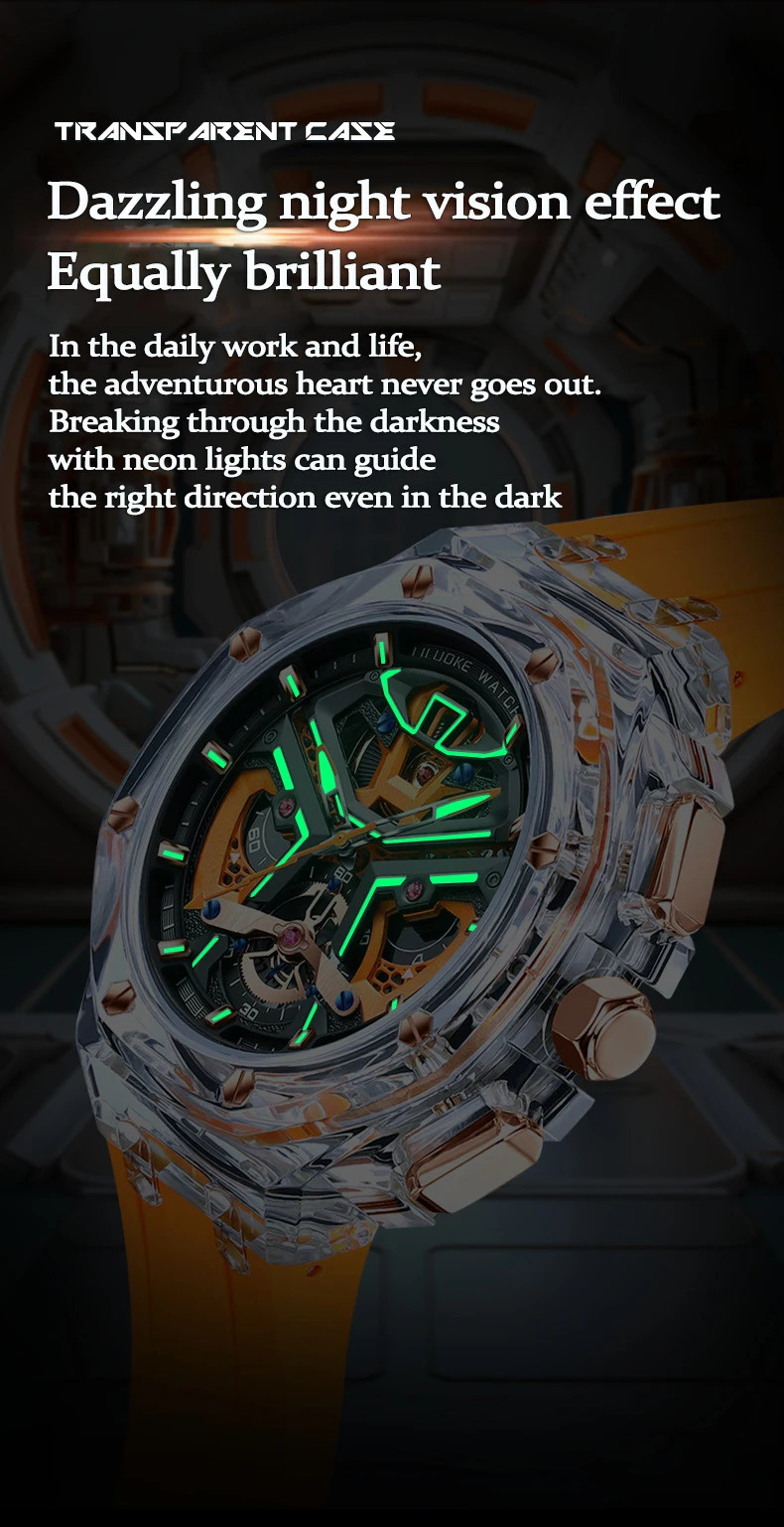 Men’s Transparent Case Watch Night Glow Fashion Sports Waterproof Casual