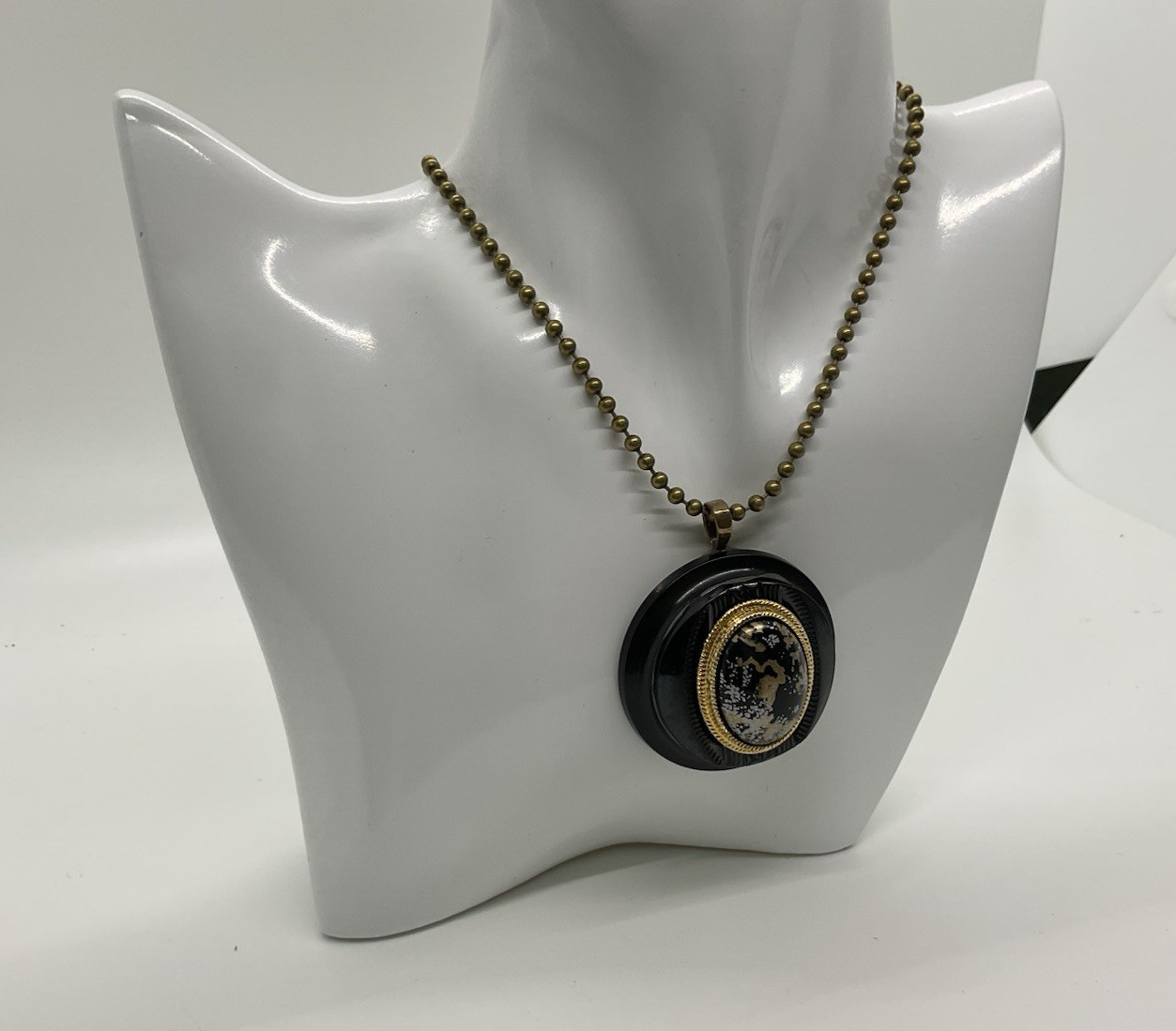 Black Round Charm Pendant Necklace Gold-Tone Ball Chain Metal & Plastic
