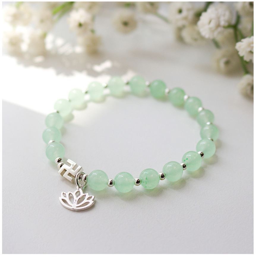 Natural White Jade Bracelet 6mm Mint Lotus Manji 925 Silver Zen Meditation Beads