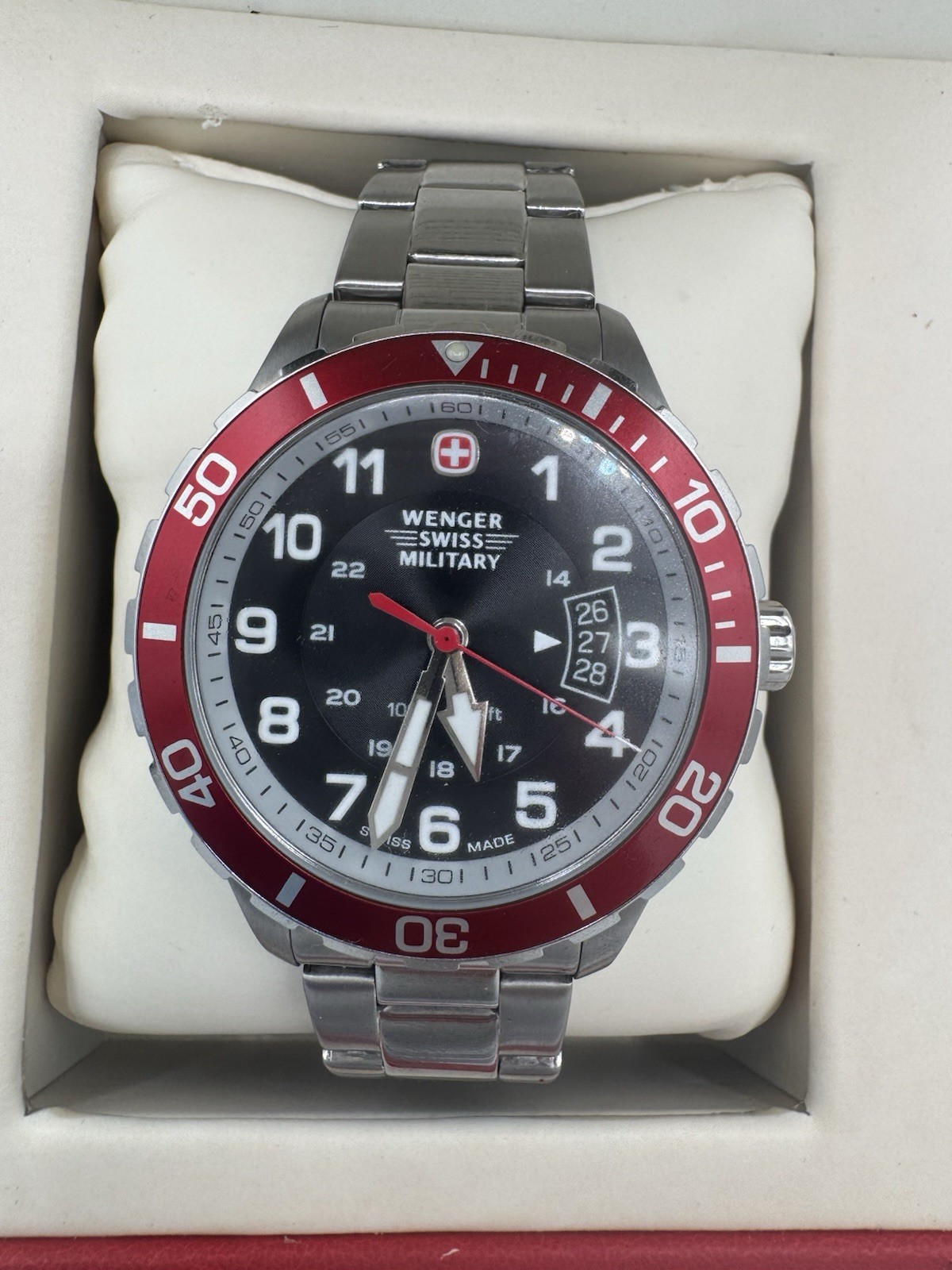 Wenger Swiss Military Men’s Swiss Made Quartz 100m Red Bezel Gray Dial Date