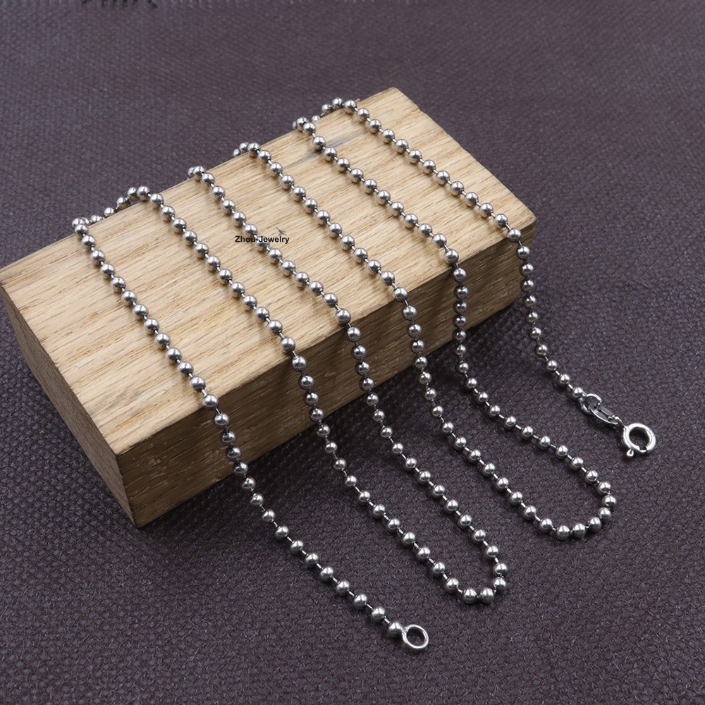 Real 925 Sterling Silver 2.5mm Bead Link Chain Necklace 23.6inch Fine Jewelry