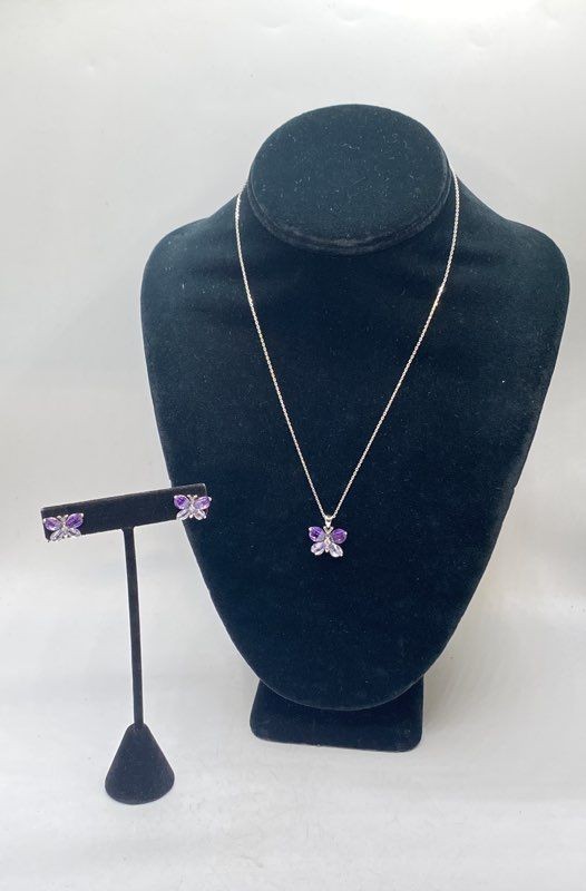 Sterling Silver 925 Purple Clear Crystal Butterfly Necklace Earrings Set 18″