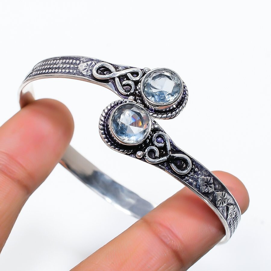 Aquamarine Gemstone 925 Sterling Silver Handmade Jewelry Bangle Size 7-8″