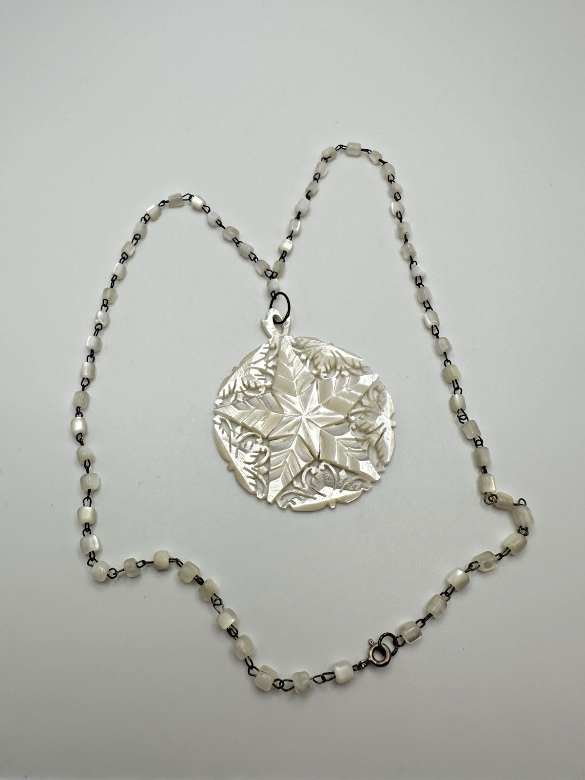 Vintage Sterling Silver Mother Of Pearl Star Pendant 5.8cm Necklace 19” JB22