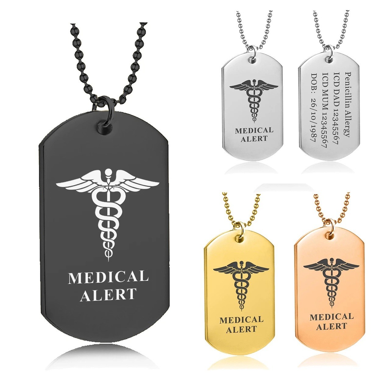 Stainless Steel Medical Alert ID Pendant Necklace Dog Tag Personalized Engraving
