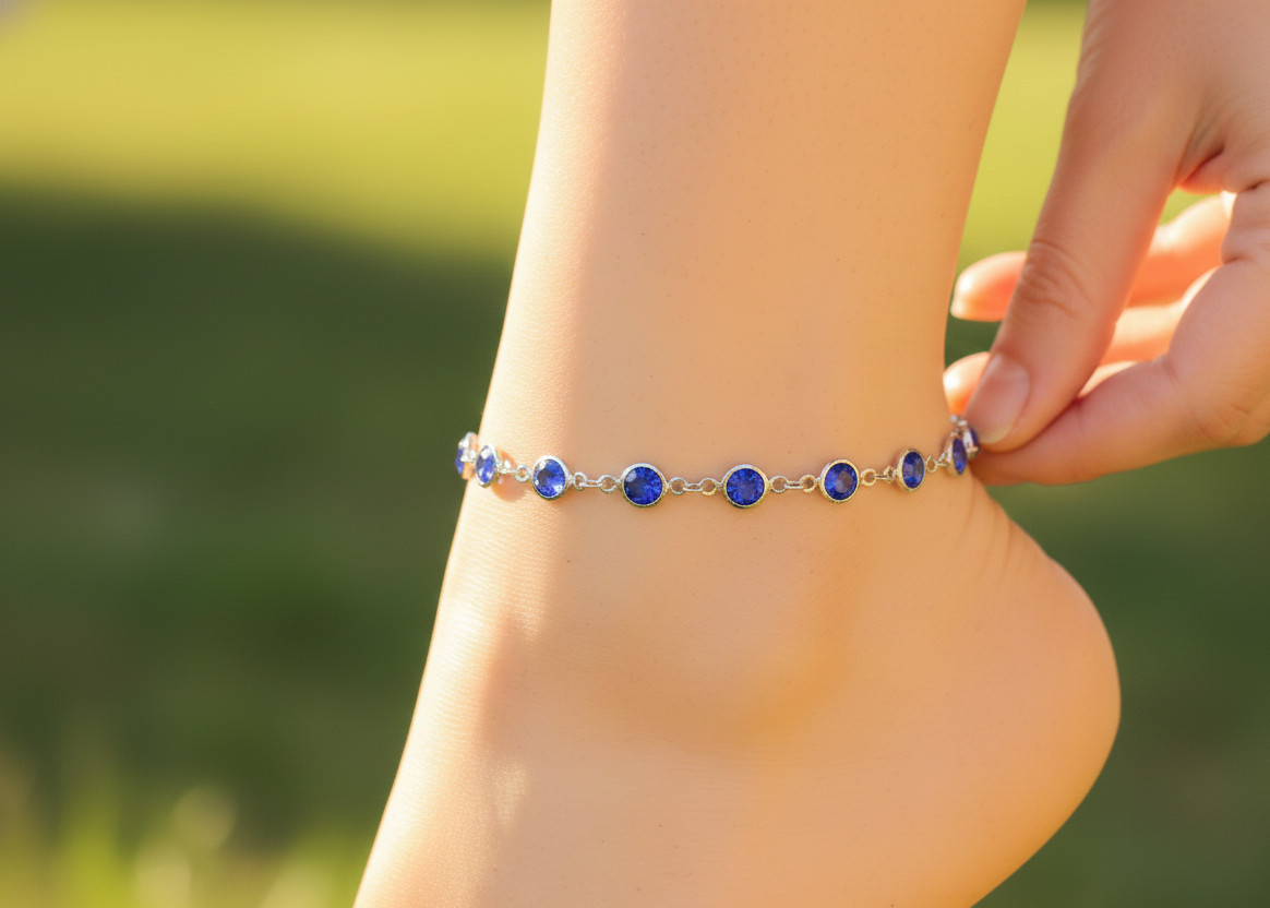 Silver Tone Anklet Minimalist Sapphire Blue Tone Stone Bezel Chain Anklet