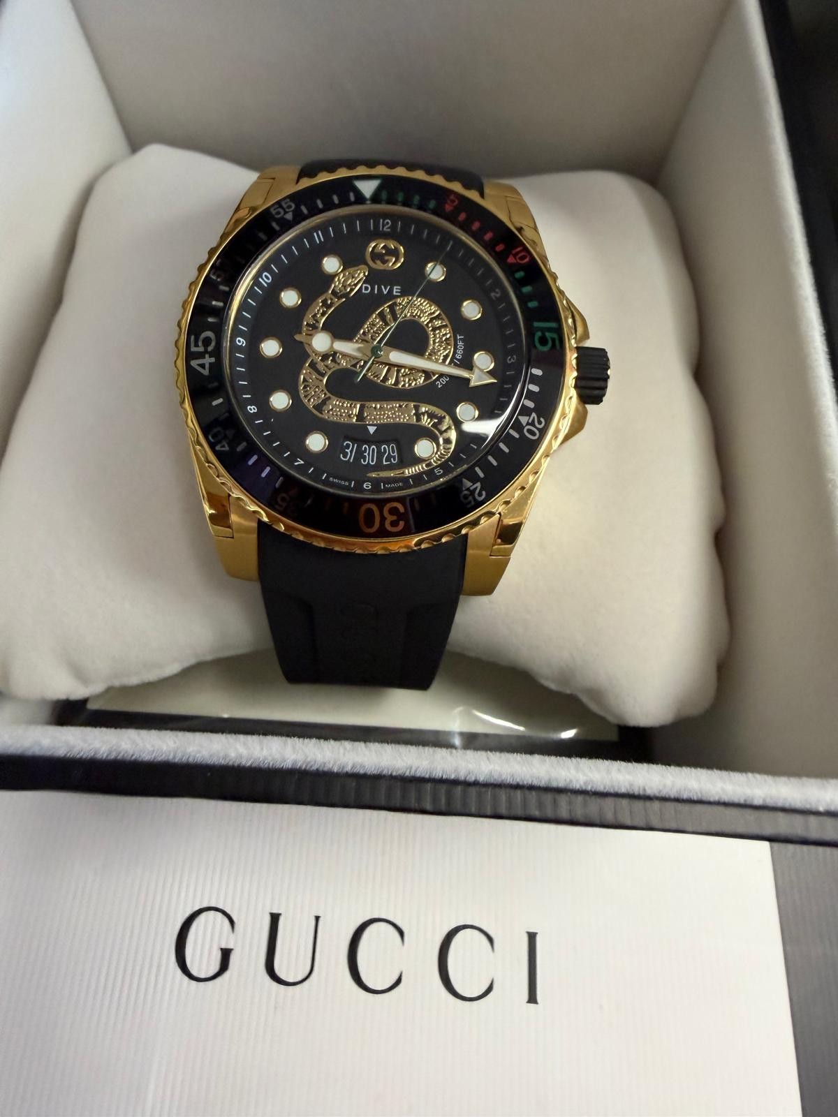 Unused Gucci Dive Black Dial Gold-Tone Rubber Strap 45mm Men’s Watch YA136219