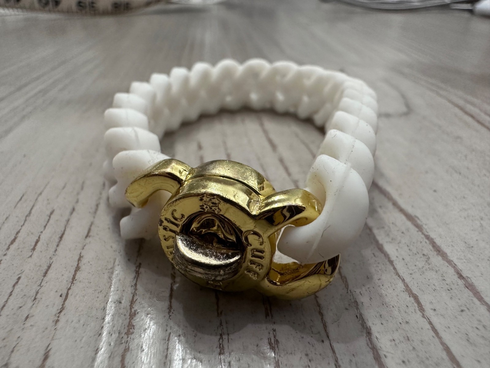 Rustic Cuff White Silicone Mock Chain Bracelet Goldtone Turn Lock