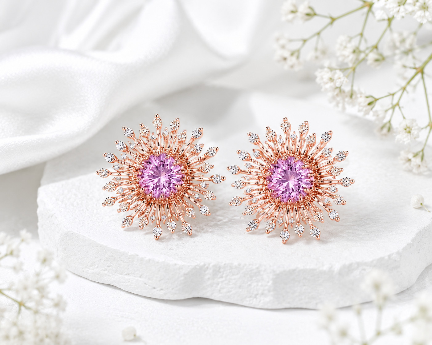 925 Sterling Silver Rose De France Pink Amethyst Moissanite Sunburst StudEarring