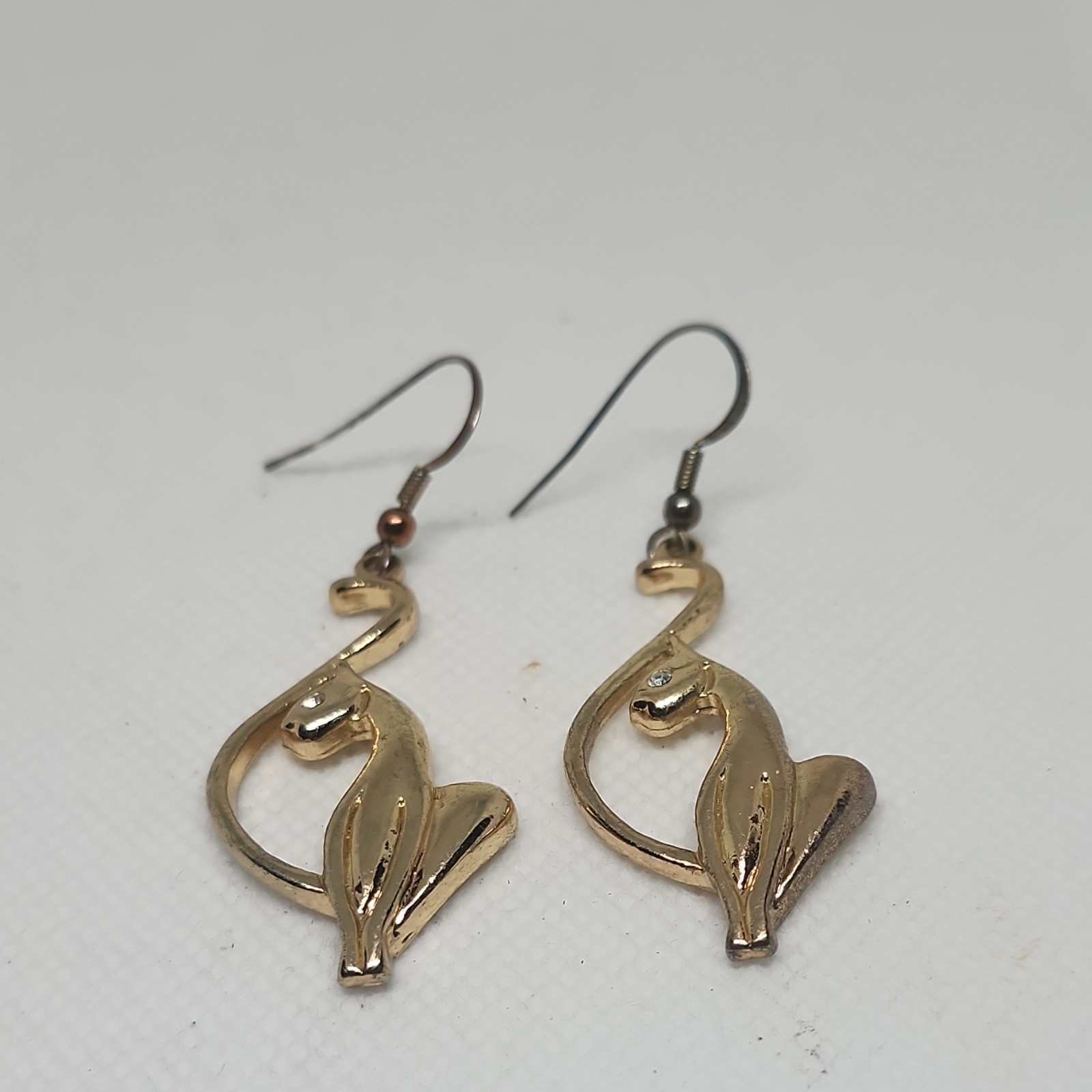 Gold Tone Cat Dangle Drop Hook Earrings Metal Animal Theme Lobe Pair