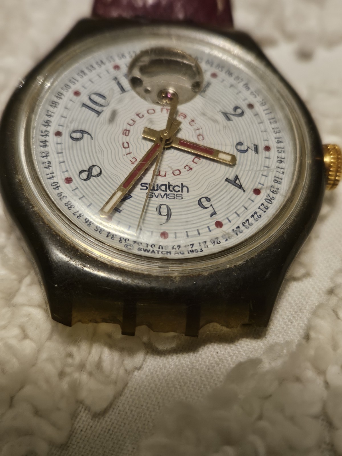 Swatch SAM103 Classic Cheddar 1993 Automatic Watch Original Band Torn As Is Runs